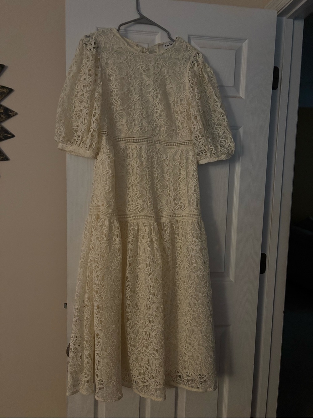 Cream Lace Midi Dress with Puff Sleeves - Women's Elegant Tiered Dress